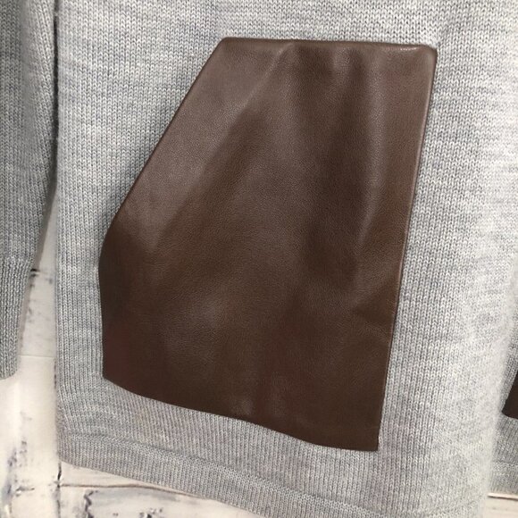 J Crew Womens Small Crewneck Merino Wool Sweater Gray Brown Faux Leather Pockets - Picture 3 of 11